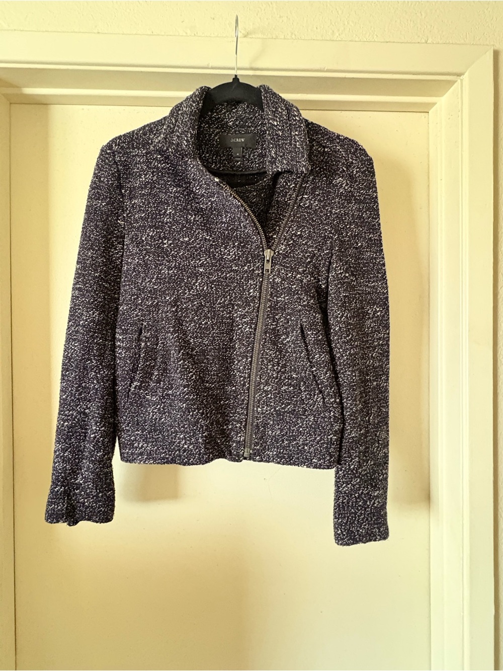 J.Crew Black White Tweed Bouclé Asymmetrical Zip Moto Jacket Blazer Size 4